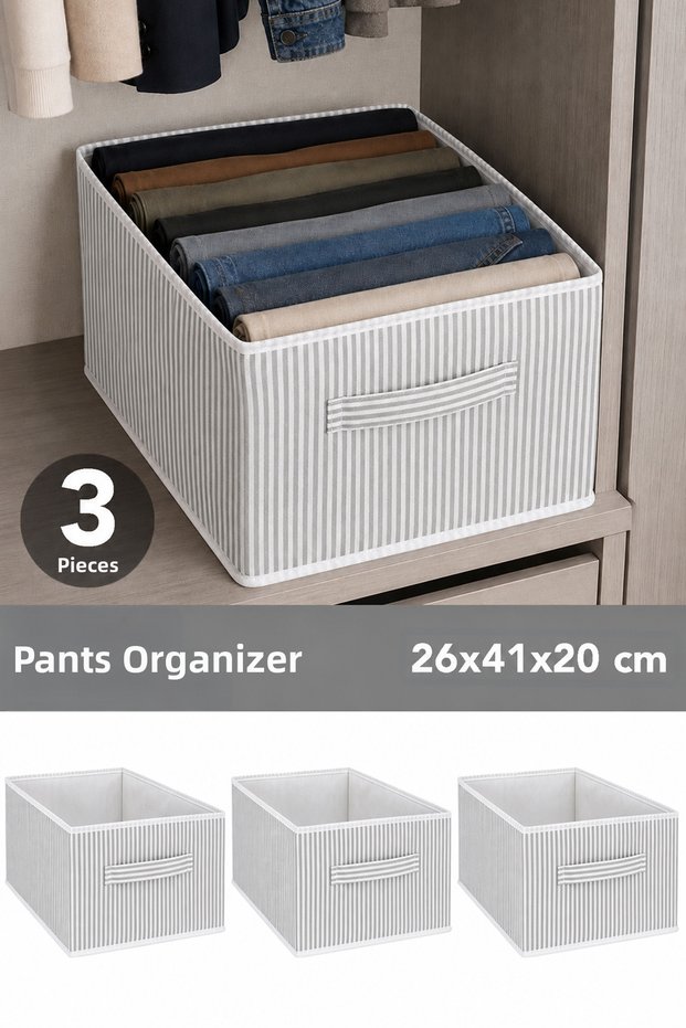 3-Piece Striped Closet Organizer Set - Clothing and Toy Storage Box Basket Organizer