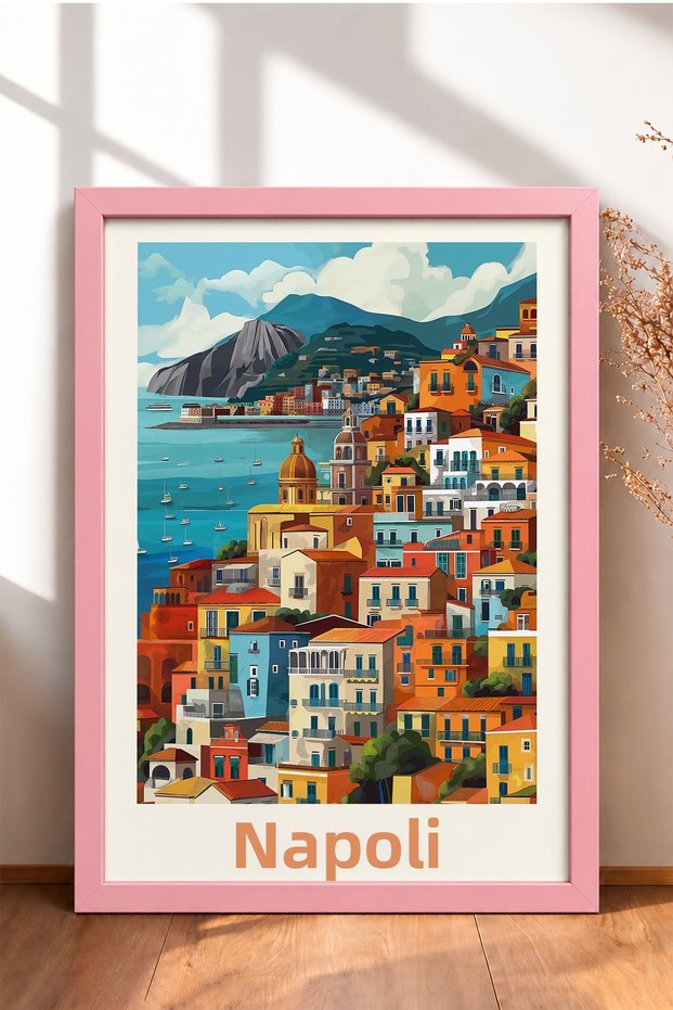 Naples Bay and Colorful Houses Framed Painting Italy Poster Living Room Kitchen Wall Decor Itp062