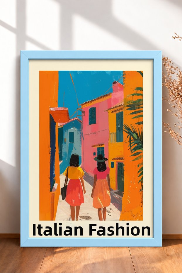 Fashion Italiana Two Women on the Street Written Framed Painting Italy Poster Wall Decor Itp067