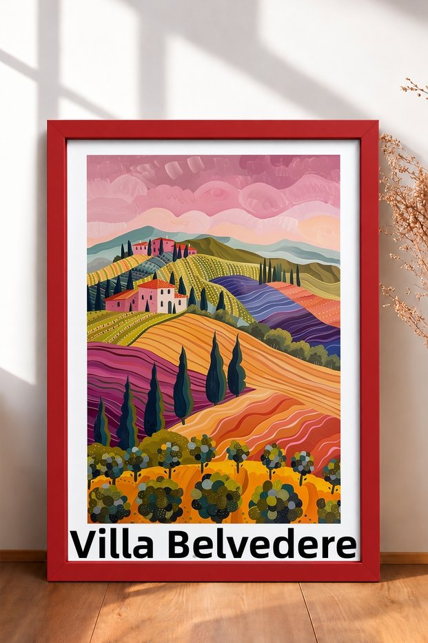 Villa Belvedere and the Colorful Hills with Olive Trees Framed Painting Italy Poster Wall Decor Itp069