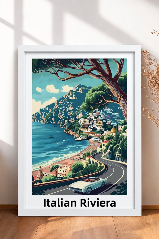 Italian Riviera and Open-Top Classic Car Framed Painting, Italy Poster, Wall Decor, Itp085.