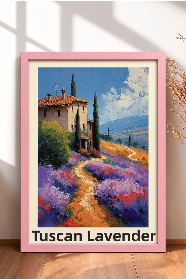 Tuscany Lavender Fields and Service Trees Framed Painting, Italy Poster, Wall Decor, Itp107.