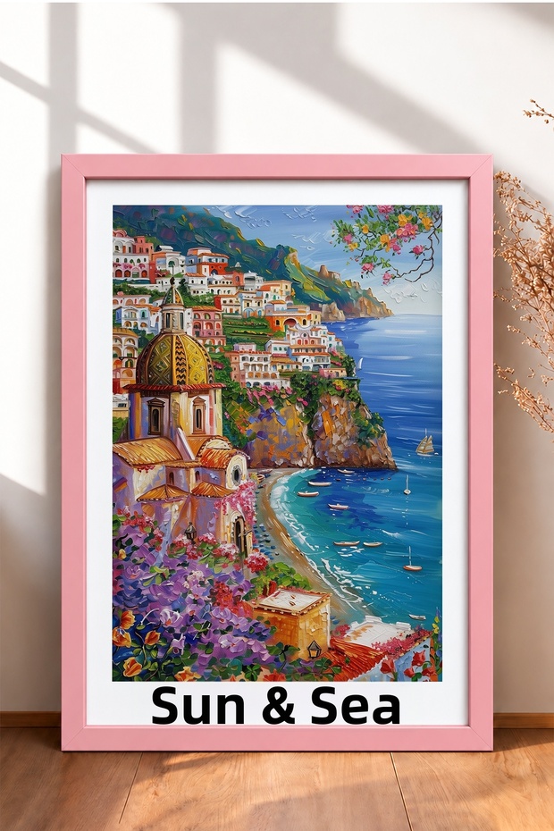 Sole & Mare, Coastal Town with Written Text, Framed Painting, Italy Poster, Living Room, Kitchen, Wall Decor, Itp096.