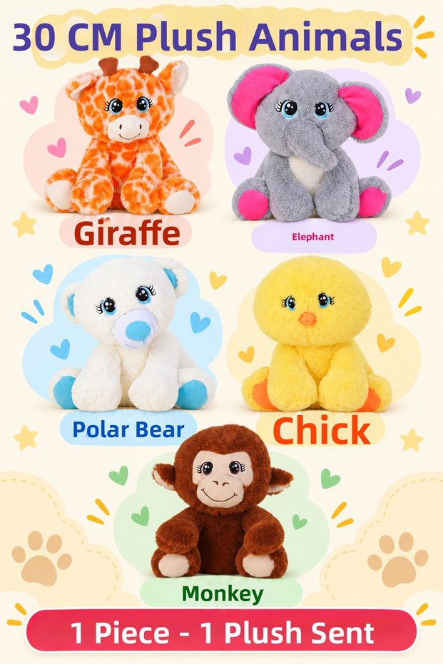 30 cm Cute Plush Animal Toy – Giraffe, Elephant, Teddy Bear, Chick, Monkey – 1 Piece
