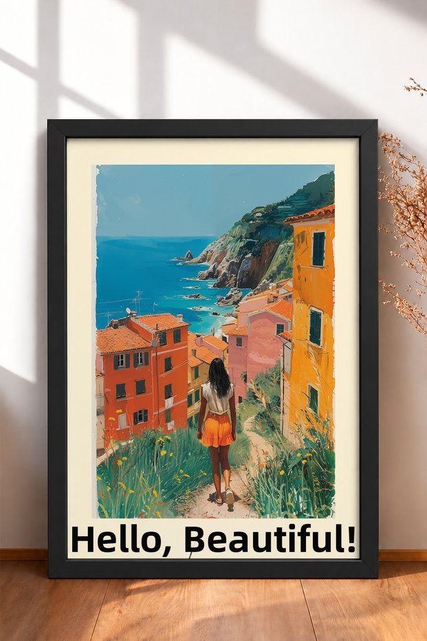 Ciao Bella, Women's Framed Painting, Coastal Trail, Italy Poster, Wall Decor, Itp168.