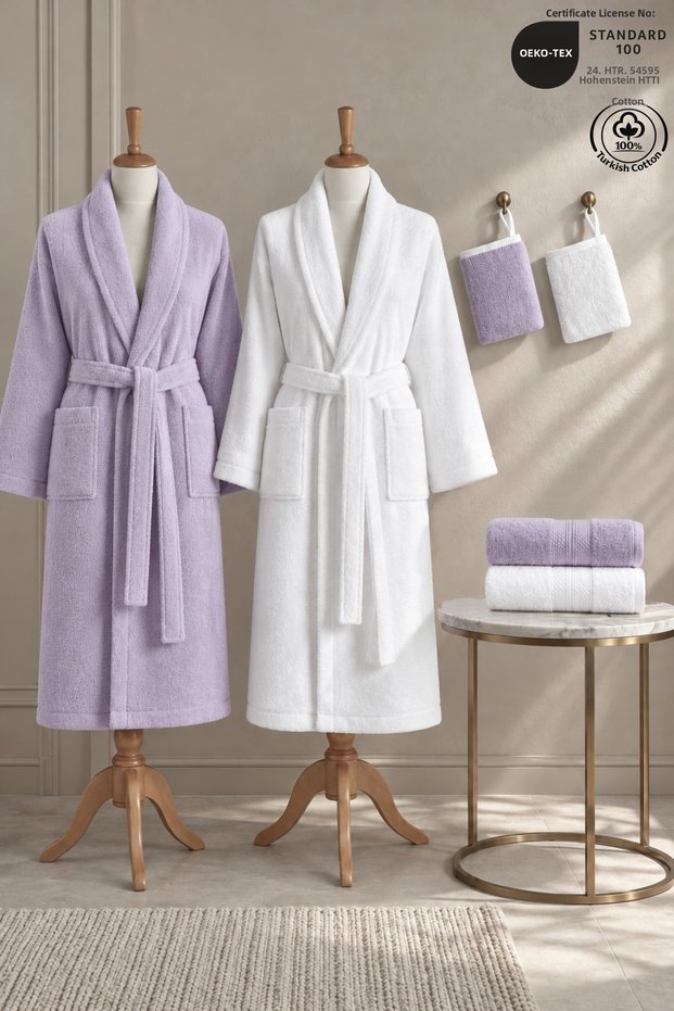 Eldy 6-Piece Family Bathrobe Set, 100% Cotton, Certified Striped Bathrobe Set, Bridal Gift Set. | White - Lilac