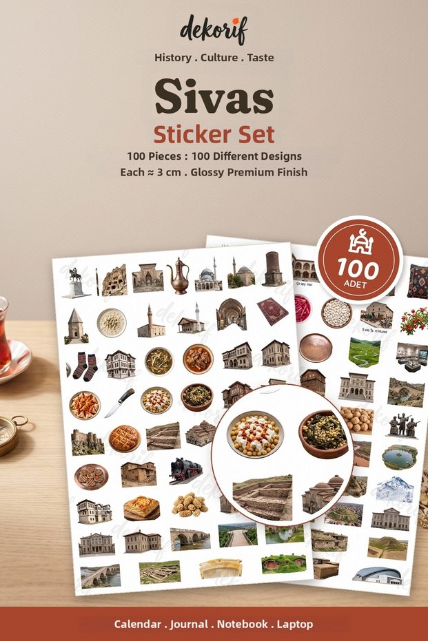 Sivas Sticker Set, 100 Pieces - Çifte Minare Divriği Ulu Mosque, Köfte, Realistic Planner/Journal Stickers.