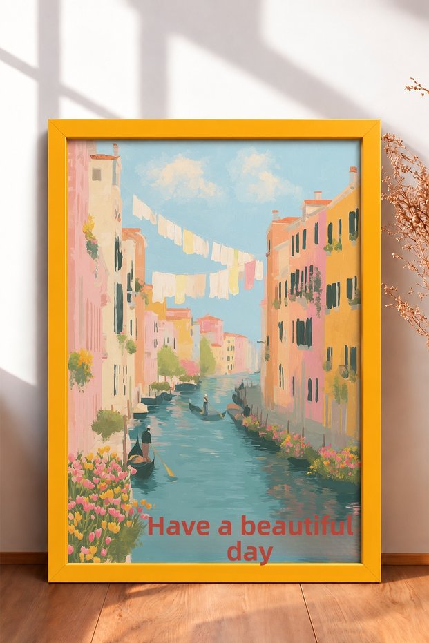 Bella Giornata, Canal and Gondolas Framed Painting, Italy Poster, Wall Decor, Itn015.