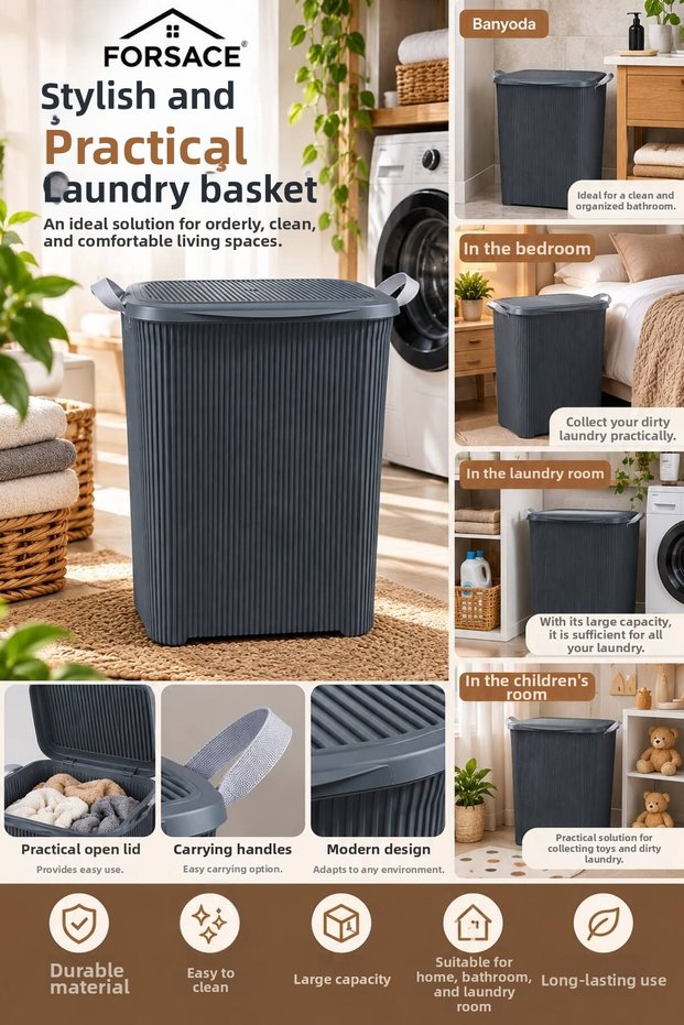Bathroom and Laundry Room Organizer with Lid and Handles, Dirty Laundry Basket.