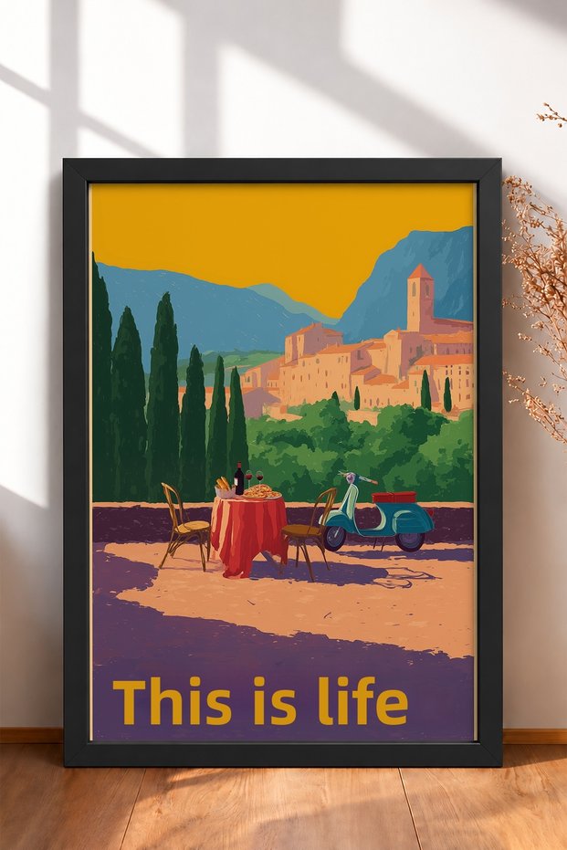 This Is a Framed Painting of the Town of Vita Yazılı Tepe, an Italy Poster for Living Room or Kitchen Wall Decor, Itn006.