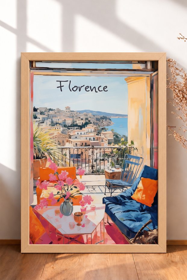 Florence Balcony with Cityscape – Framed Painting, Italy Poster, Living Room, Kitchen, Wall Decor, Itp172.