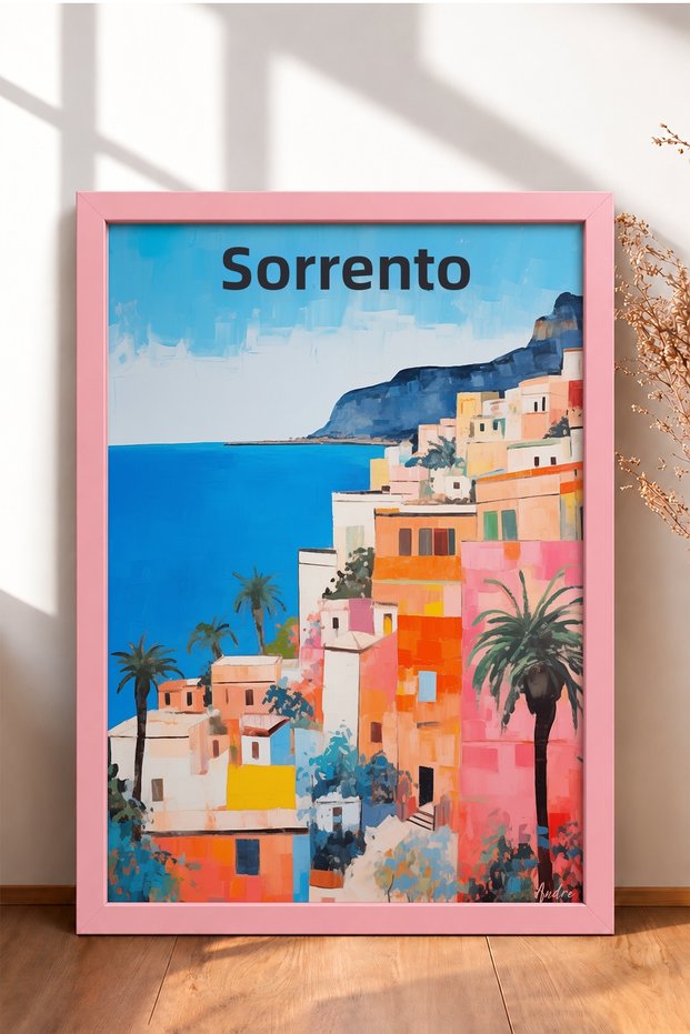 Colorful Houses with Palm Trees on the Sorrento Coast – Framed Painting, Italy Poster, Wall Decor, Itp199.
