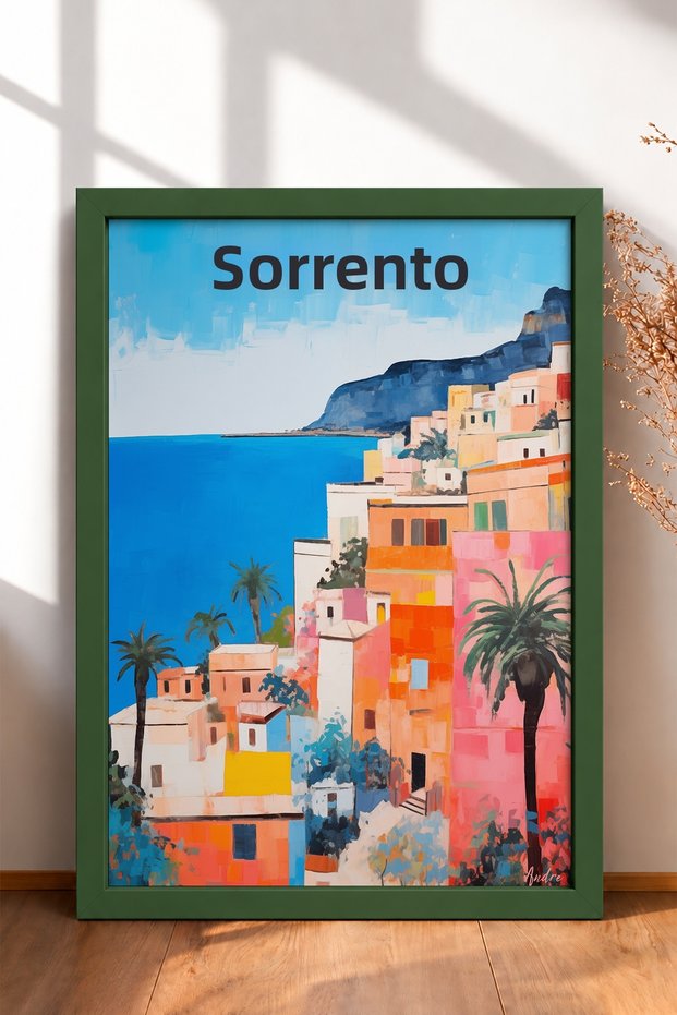 Colorful Houses with Palm Trees on the Sorrento Coast – Framed Painting, Italy Poster, Wall Decor, Itp199.