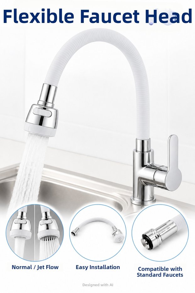 Flexible Faucet Head 44 cm – 2-Function Kitchen Sink Faucet Extender with Normal and High-Pressure Flow.
