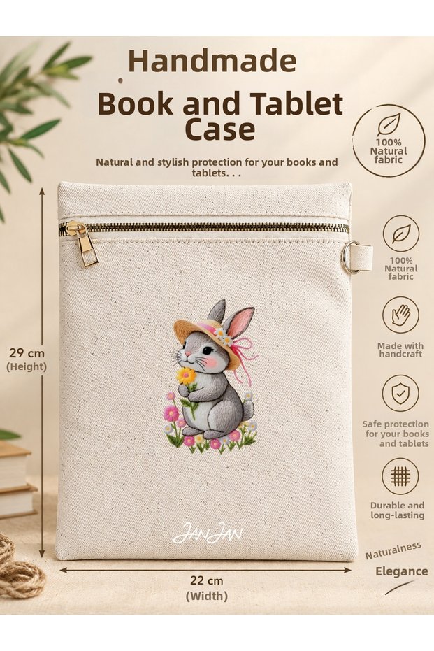 Handmade Book and Tablet Case, Natural Fabric, Zippered, 22X29Cm, Handcrafted in Amasya. Book Protector Bag, Book Sleeve, a Gift for Book Lovers