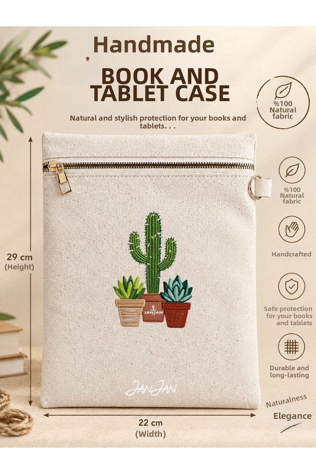 Handmade Book and Tablet Case, Natural Fabric, Zippered, 22X29Cm, Handcrafted in Amasya. Book Protector Bag, Book Sleeve, a Gift for Book Lovers