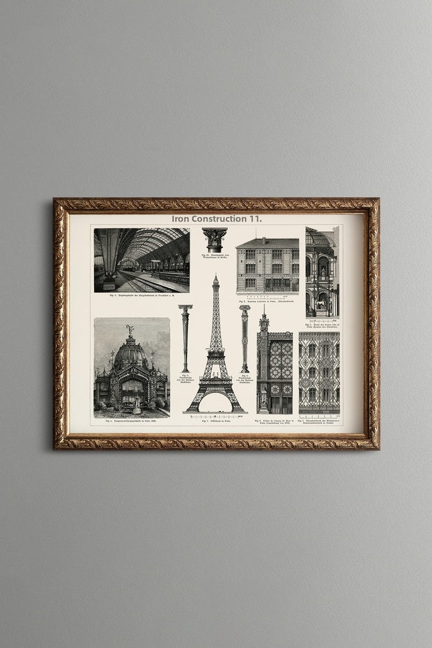 Eiffel Tower and Iron Architecture - Vintage Patterned Painting - Slim Frame
