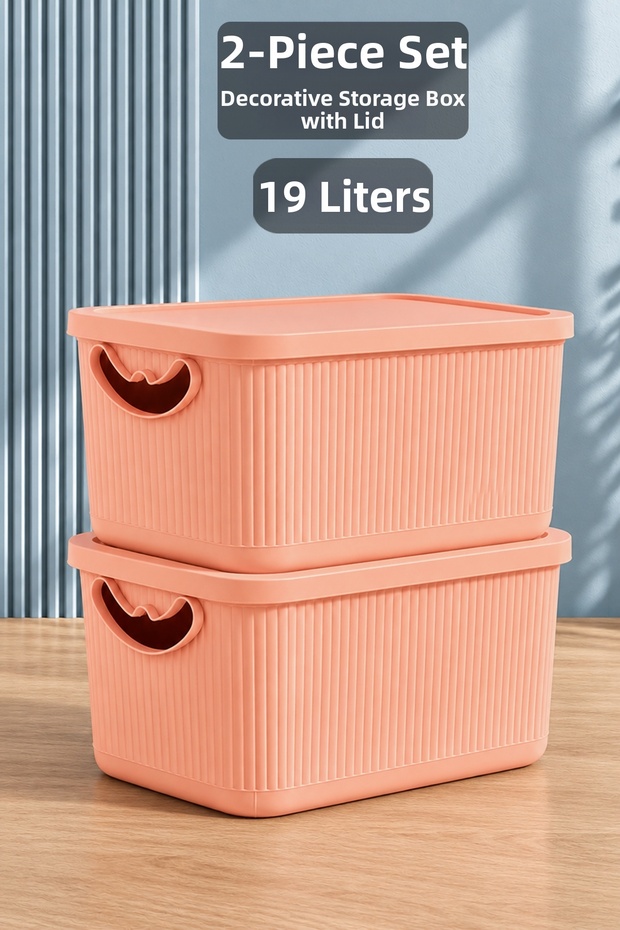2-Piece 19Lt Storage Box with Lid - Decorative Organizer Multi-Purpose Closet Organizer Basket Pink