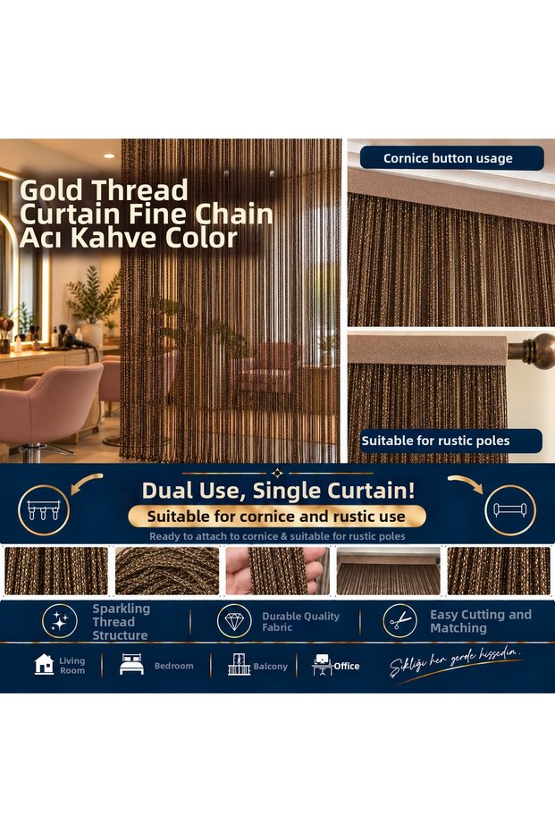 CORD CURTAIN SPECIAL EDITION: FINE CHAIN WITH GOLD GLITTER, DARK COFFEE COLOR (100 * 300) FOR CORNICE AND RUSTIC APPLICATIONS