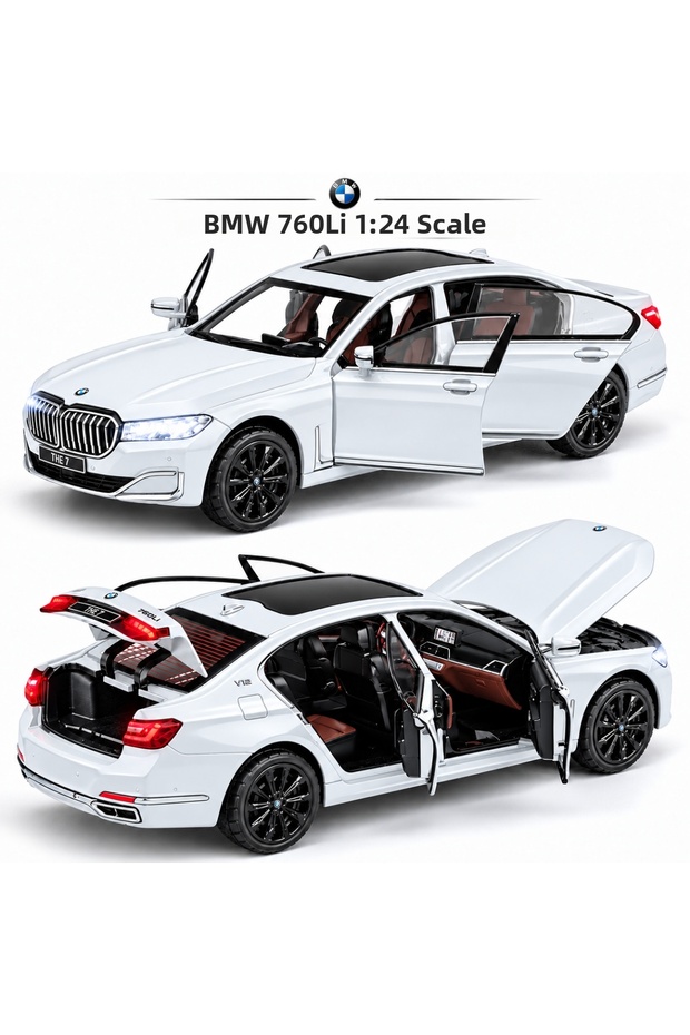 White 1:24 Scale BMW 760Li Metal Toy Car with Opening Hood and Trunk Doors, Light-Up and Sound-Activated Model Car
