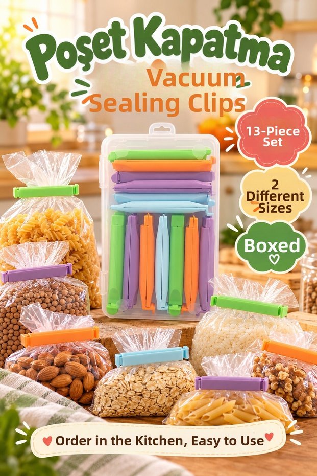 Set of 13 Boxed, 2 Different Sizes, Colorful Bag Clips—Kitchen Bag Closure Clips and Organizers
