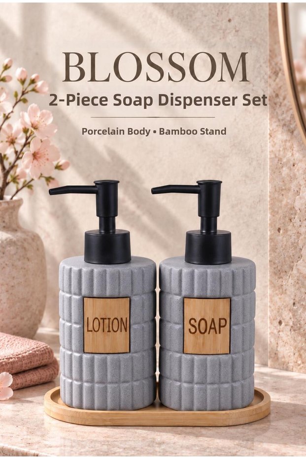 Blossom 2-Pack Gray Porcelain Liquid Soap Dispensers with Bamboo Trays, 350 ml