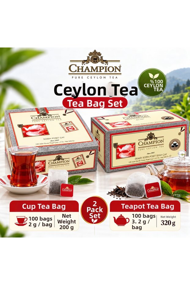 Ceylon Tea: 100-Count Teapot Tea Bags + 100-Count Cup Tea Bags Set
