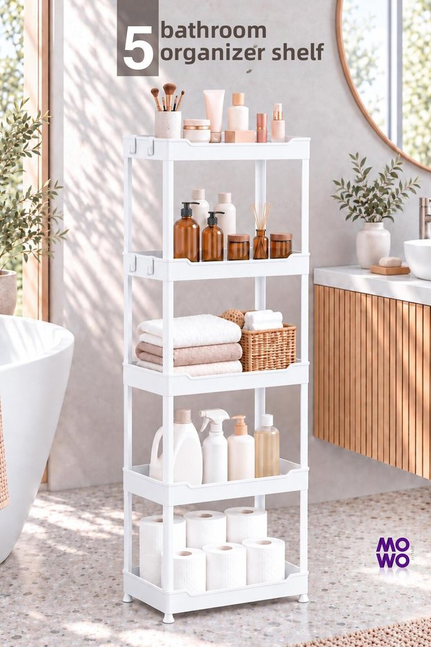 White 5-Tier Freestanding Bathroom Organizer Shelf - Towel Rack, Detergent Holder, Skincare and Makeup Organizer