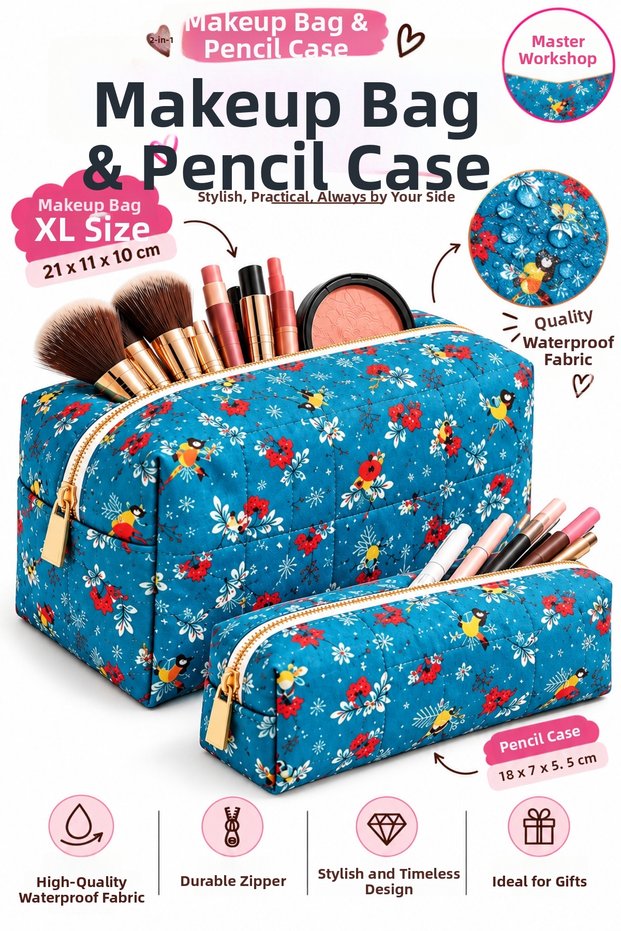 Quilted Waterproof Fabric 2-Piece Makeup & Pencil Case Set—Multipurpose for Everyday Use (23x12 cm)