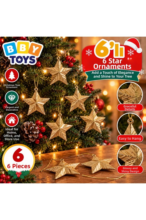 Set of 6 Gold Star Christmas Tree Ornaments – Glittery, Embroidered, Hanging Decorative Christmas Tree Star Ornaments