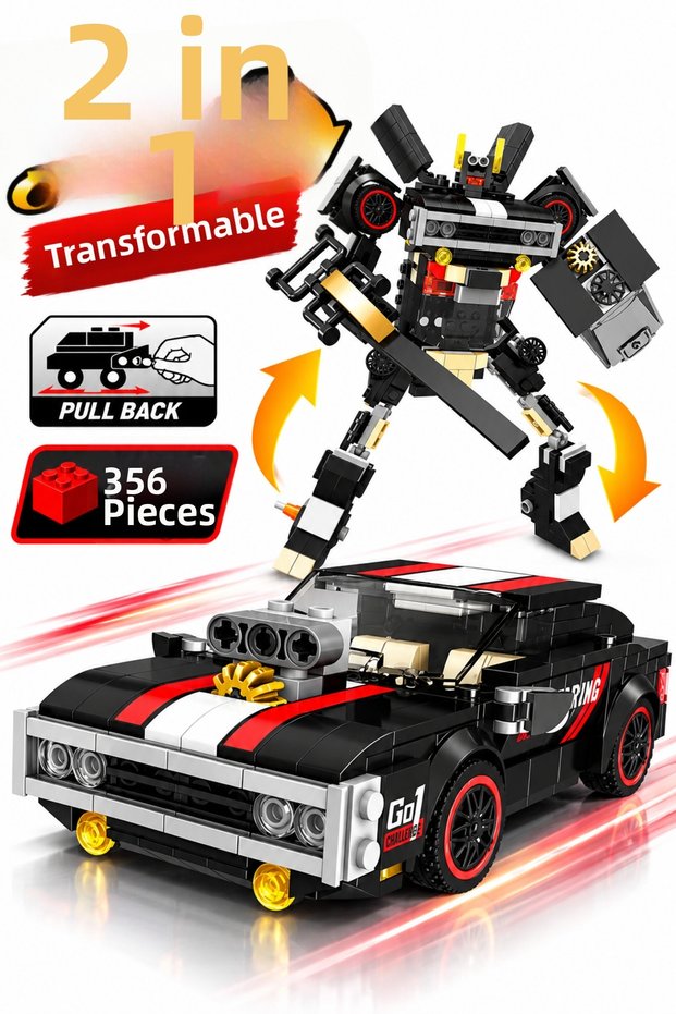 356-Piece 2-in-1 Black Race Car and Robot Building Block Set, Pull-Back, Ages 6+