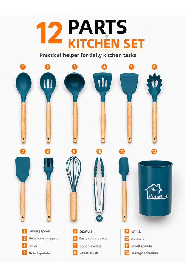 12-Piece Silicone Kitchen Set: Heat-Resistant Spatula, Spoon, Tongs, and Other Kitchen Utensils with Wooden Handles