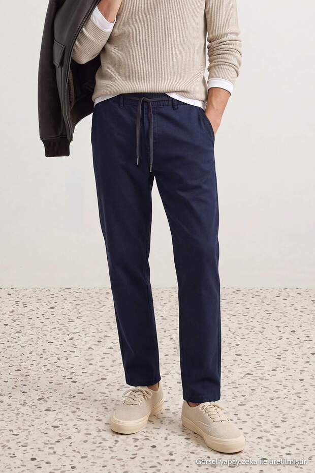Navy Blue Chino Gabardine Waist Tie Men's Trousers Tmnaw27Pl00018