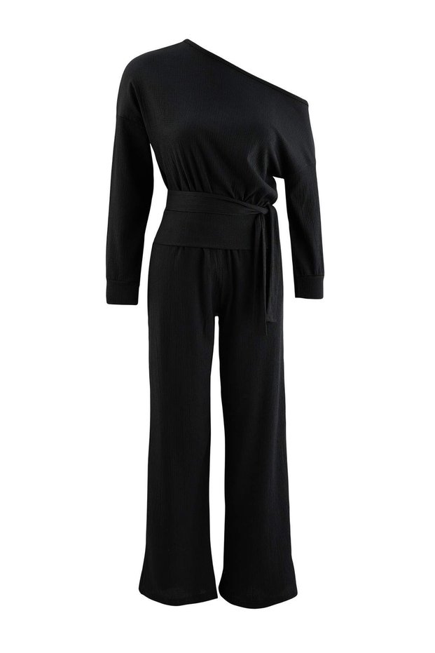 Siyah Asimetrik Yaka Oversize/Geniş Kalıp Örme Alt - Üst Takım TWOAW27AU00177