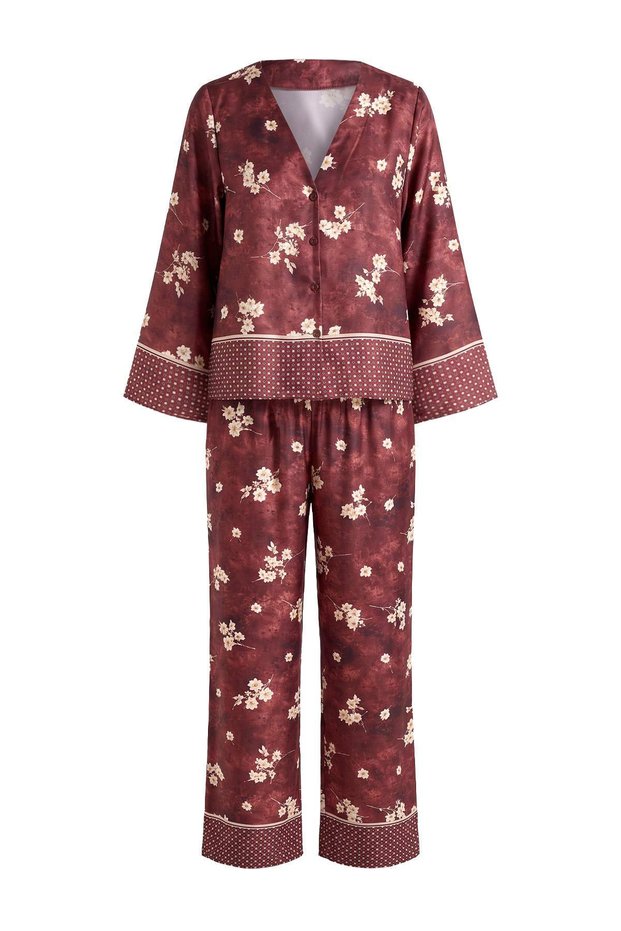 Burgundy Floral Satin Woven Pajamas Set Thmaw27Pt00114