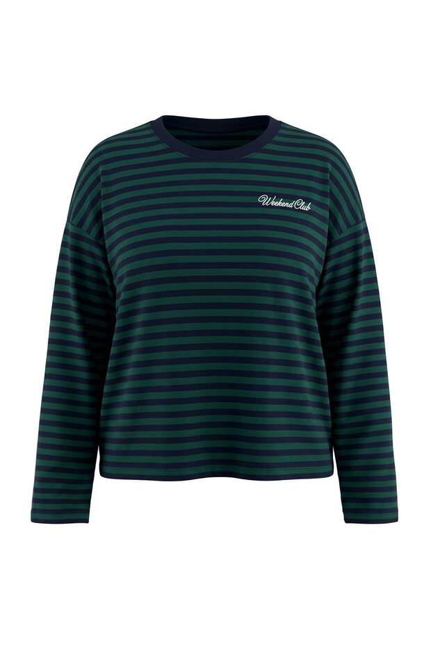 Green Striped Front and Back Printed Wide Cut Knitted Oversize T-Shirt Tbbaw27Bf00009