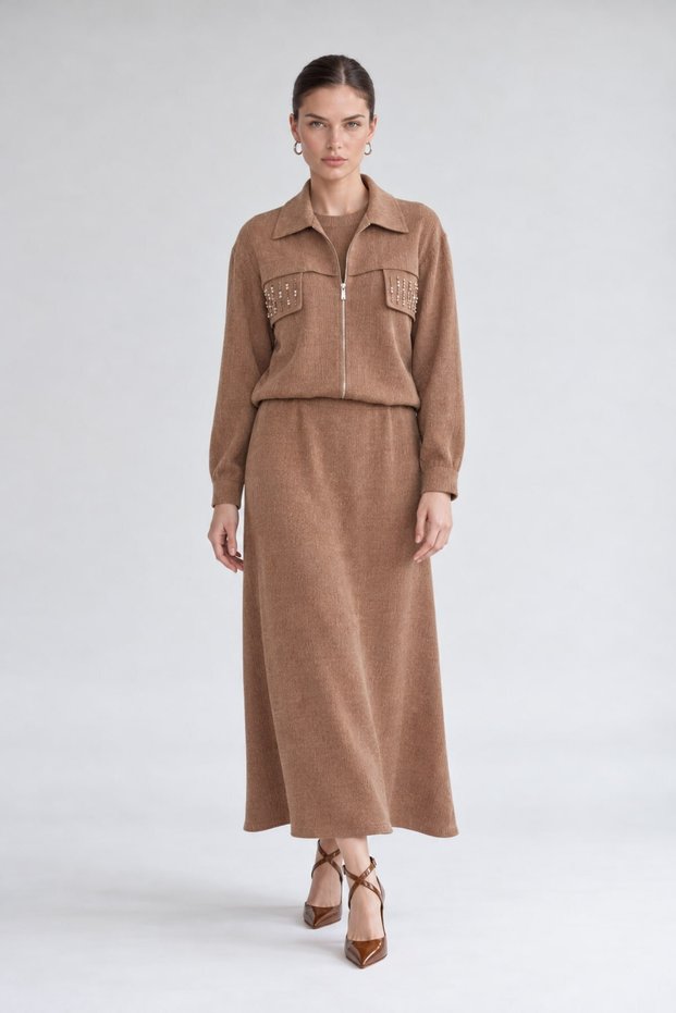 Stone Detailed Zippered Jacket Set Camel