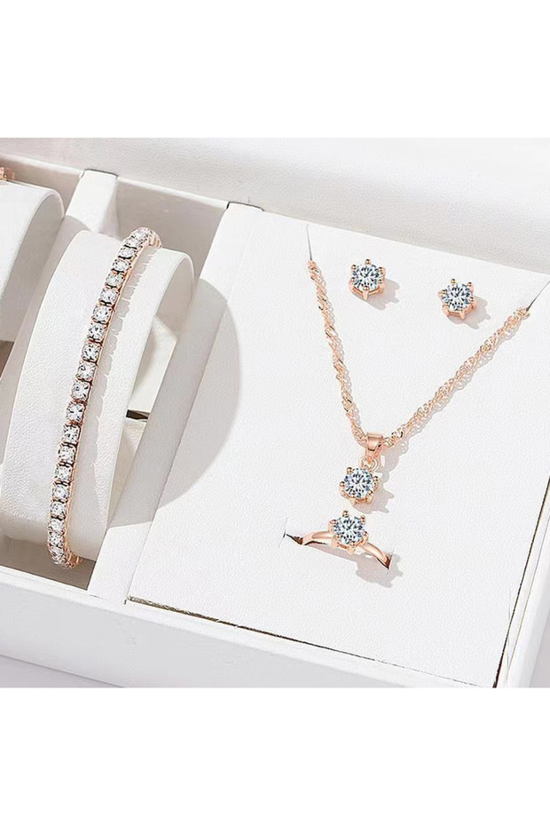 Rose Gold 5Pcs Elegant Crystal Jewelry Set Zirconia Ring Necklace Bracelet Earrings Simple Set Jewel