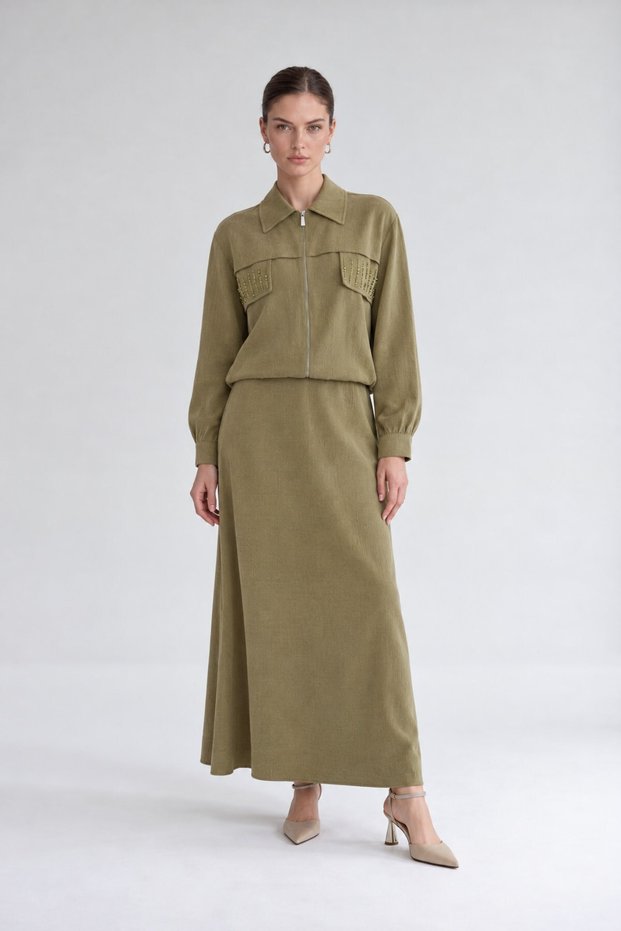 Stone Detailed Zippered Jacket Set Khaki