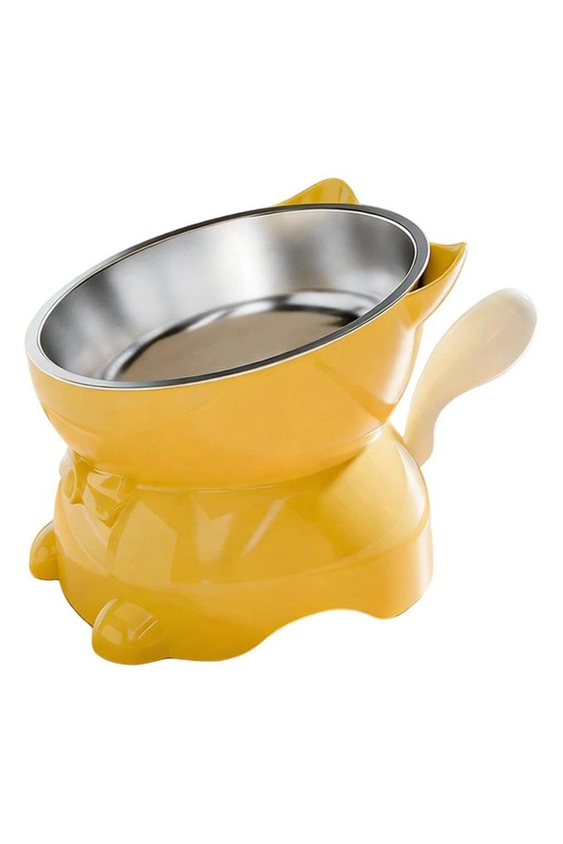 Yellow 1pc Elevated Stainless Steel Cat Bowl, Inclined Food & Water Dish with Cute Ear Stand, Neck P