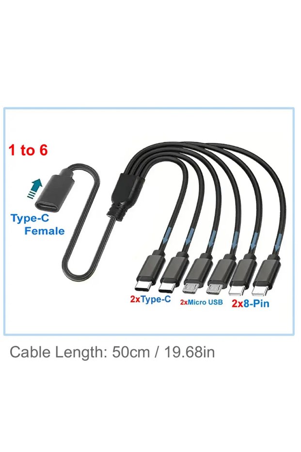 1 to 6 in 1 3/4/6 Port Type C Female to Male Extension Cord USB-C Splitter Cable Multiple Hub Charge
