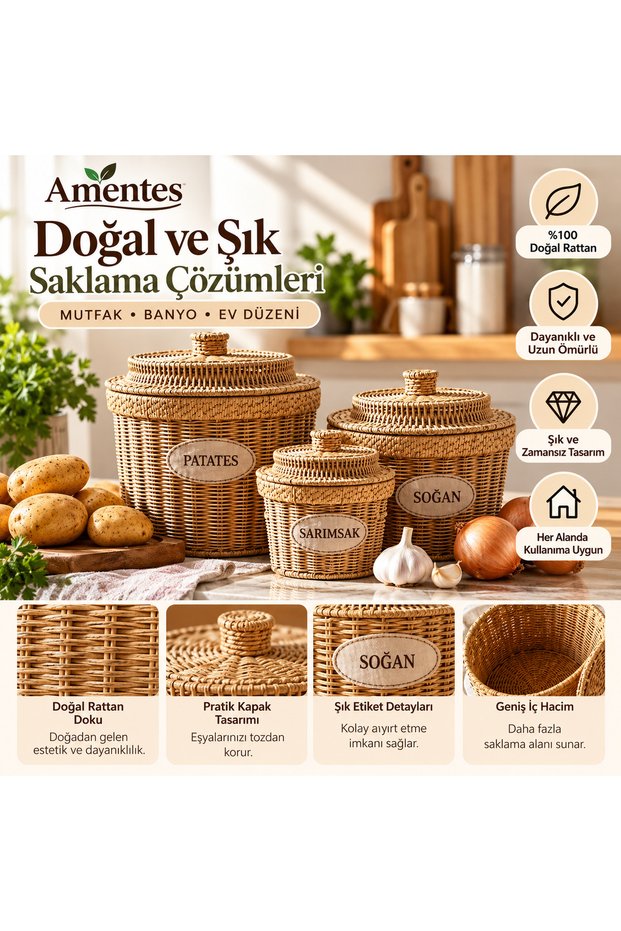 3-Pack Burl Ivory Set Wicker Lidded Potato, Onion, Garlic Basket - 3 Sizes Rattan Vegetable Basket