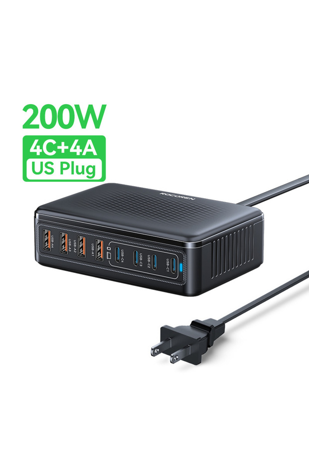 US Plug Rocoren 200W GaN Charger 8 in 1 Desktop Fast Charging For iPhone 17 Pro USB Type C...