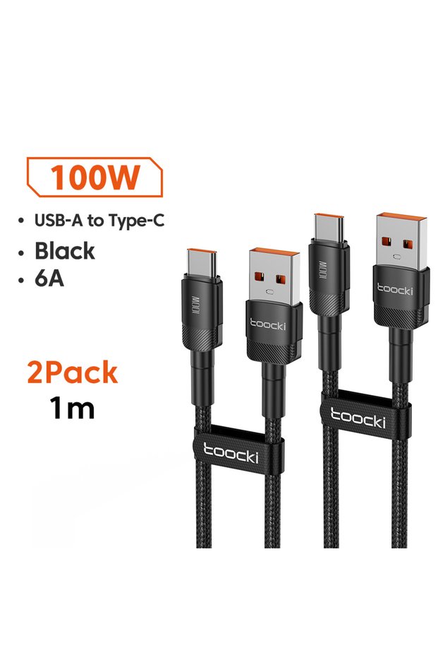 1m Black 2Pcs 6A USB To Type C Cable for Huawei Xiaomi PD 100W Fast Charging Charger U