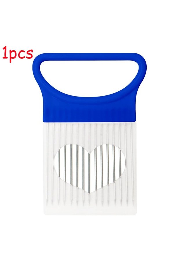 blue-1pcs Stainless Steel Onion Cutter Holder Food Slicers Assistant Tomato Onion Slicer Holder Vege