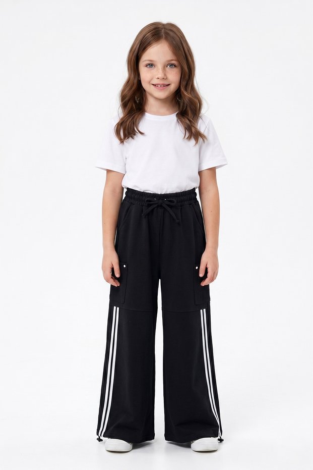 Girls' Sweatpants with Elastic Waistband and Striped Cuffs and Stoppers