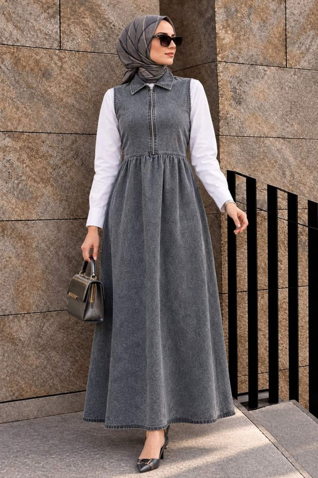 Zippered Denim Anthracite Hijab Gilet Dress 19135Ant