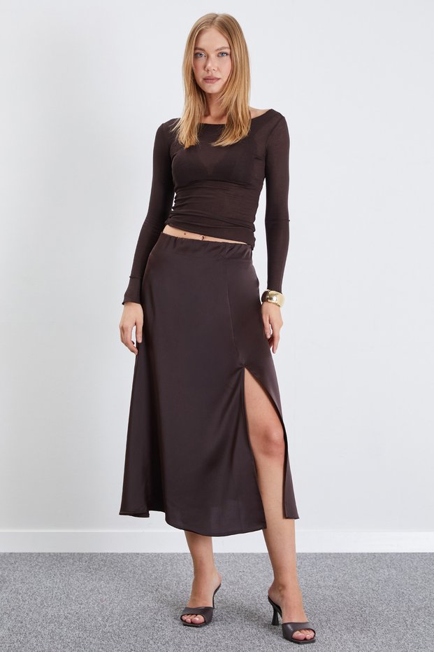 Slit Maxi Length Satin Skirt