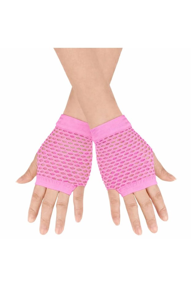 80S 90S Retro Neon Pink Fishnet Fingerless Short Gloves 11cm