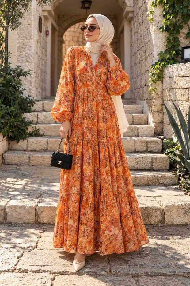 Floral Patterned Buttoned Orange Hijab Dress 5342t